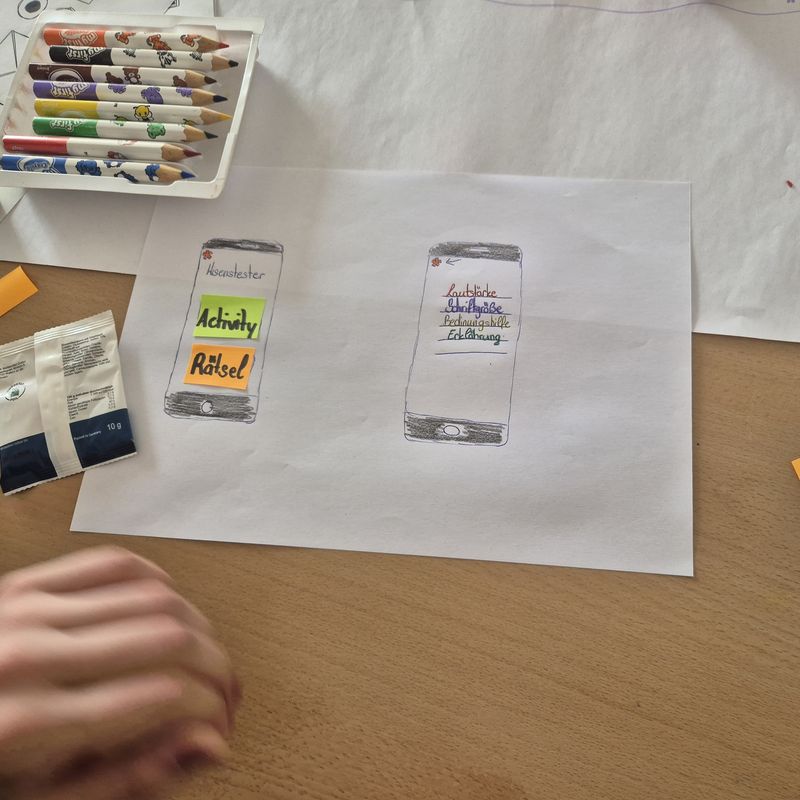 Papier-Prototypen einer App beim UX-Workshop