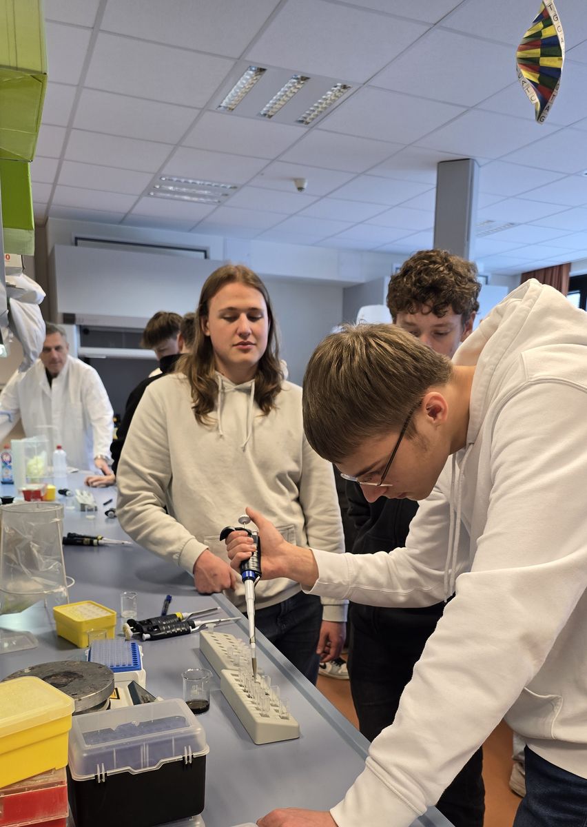 Schüler pipettiert im Labor, Mitschüler schauen zu